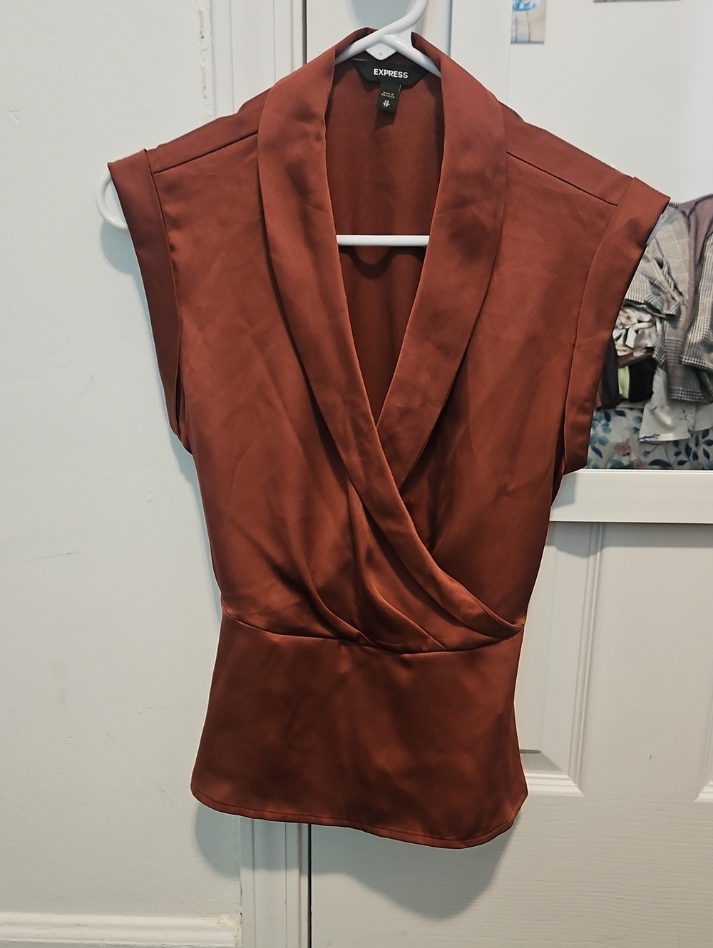 Express Satin Surplice Shell Top Rust Brown